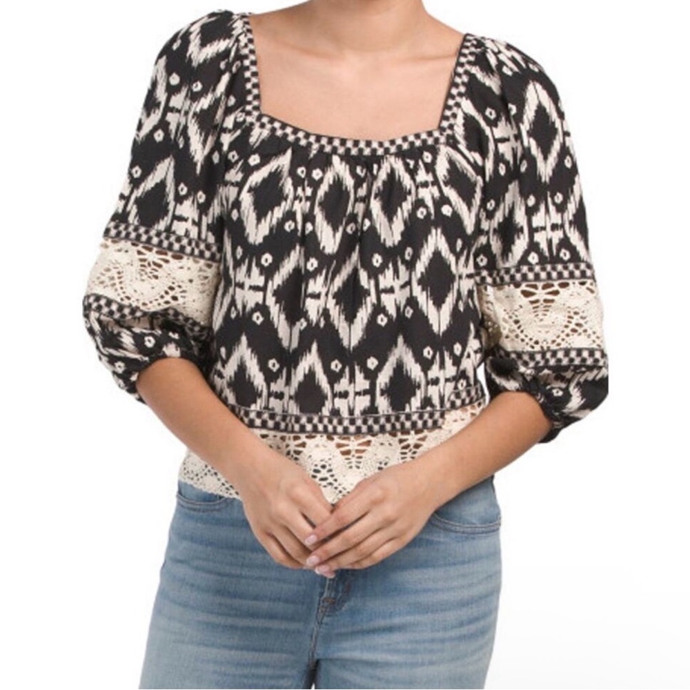 Christian Siriano boho western print linen blend crochet top